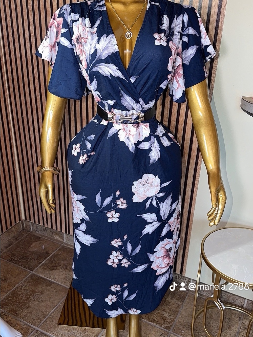 Floral Wrap Midi Dress - Navy with Pink Blooms